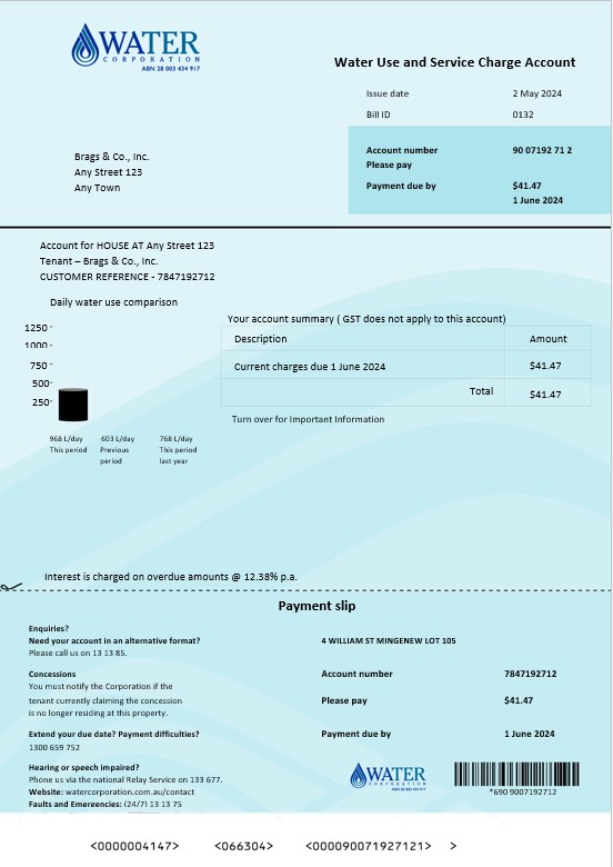 Australia Water Corporation WA business utility bill word and pdf. doc PSD template